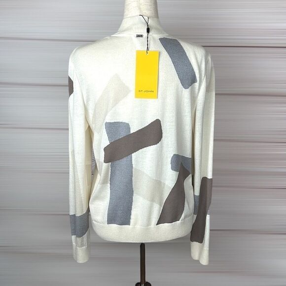 NWT ST. JOHN Lightweight Wool Blend Full Zip Geometric Print Sweater Cardigan - Picture 6 of 12
